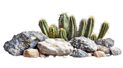 A group of cacti growing behind a pile of rocks of different sizes and colors on a black background