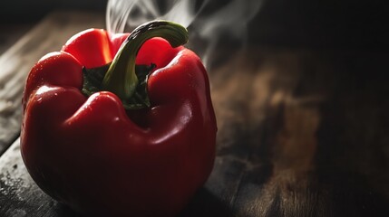 Hot Roasted Red Bell Pepper with Steam on Wooden Surface