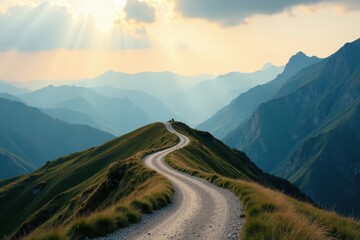 A Serene Winding Mountain Road at Sunset, Offering a Breathtaking Panoramic View of Rolling Hills and Majestic Peaks under a Sky Filled with Golden Rays of Light