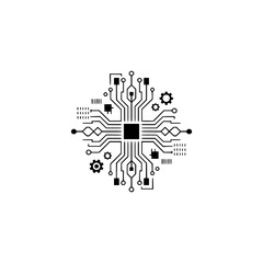 Black and White Circuit Board Icon on White Background