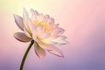 Fototapeta premium close-up of a blooming lotus flower with soft pink and white petals on a pastel gradient background, perfect for wellness themes, nature art, spiritual designs, and eco-friendly branding 