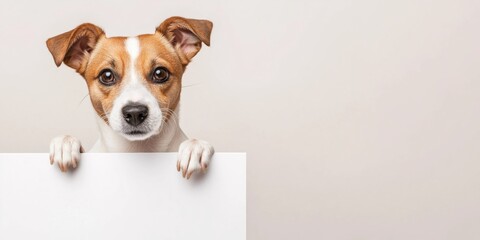 A dog is holding a white board in its mouth. The white board is rectangular and has a black border