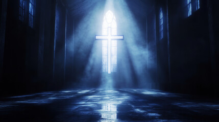 serene and atmospheric scene depicting cross illuminated by soft light in dimly lit space, inviting contemplation and reflection on faith. interplay of light and shadow creates tranquil ambiance