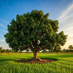 mango tree isolated on farm with blue sky