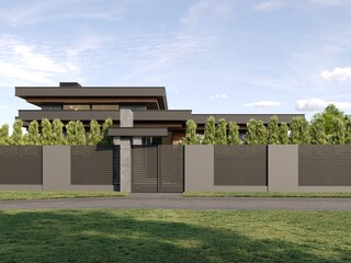 Modern house with flat roof and panoramic windows. Exterior. House with swimming pool and large terrace. Modern architecture