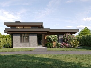 Modern house with flat roof and panoramic windows. Exterior. House with swimming pool and large terrace. Modern architecture