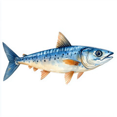 Fototapeta premium Illustration of a fish with a blue back and orange fins, done in watercolor on a white background..
