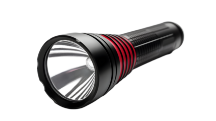 A close up of a black and red flashlight on a dark background providing illumination and visibility