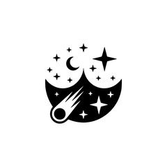 Minimalist Night Sky & Comet Icon: Black & White Logo Design