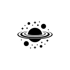 Minimalist Space Logo: Planet, Stars, & Rings, Black & White