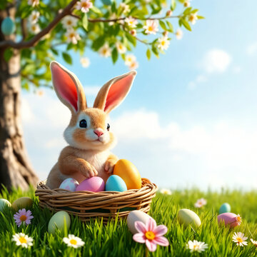 Cute Easter bunny sitting in a basket with colorful Easter eggs in a spring meadow. 