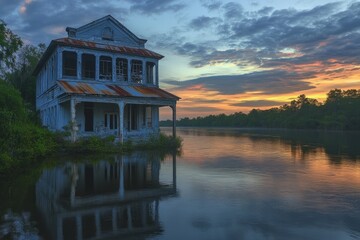 Fototapeta premium Apalachicola River at Dusk: Abandoned Cityscape along Old Riverbank
