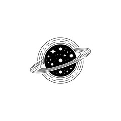 Celestial Saturn Planet with Stars, Minimalist Black and White Vector © MatandSterre