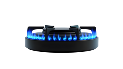 A close up view of a lit gas stove burner with blue flames against a black background in a kitchen