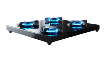 A modern gas stove with four burners lit with blue flames against a black background in a studio shot