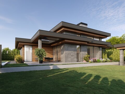 Modern house with flat roof and panoramic windows. Exterior. House with swimming pool and large terrace. Modern architecture