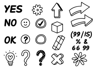 Vector collection features hand-drawn black-and-white symbols and text like "YES," "NO," and "OK," alongside icons such as arrows, flowers, and a lightbulb with a heart.Best for decision-making  graph
