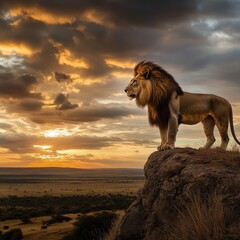 A majestic lion stands on the edge of an ancient cliff, overlooking vast plains under a dramatic sunset sky