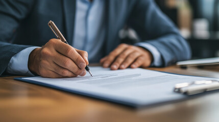 A middle-aged man is focused on signing a life insurance document in a contemporary office. He shows attention to detail while preparing for important financial planning.