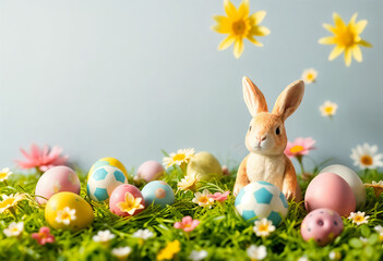 Fototapeta premium Easter bunny with colorful Easter eggs and spring flowers on a green meadow. Easter concept. Background image for greeting card, spring postcard, banner, flyer, advertisement.