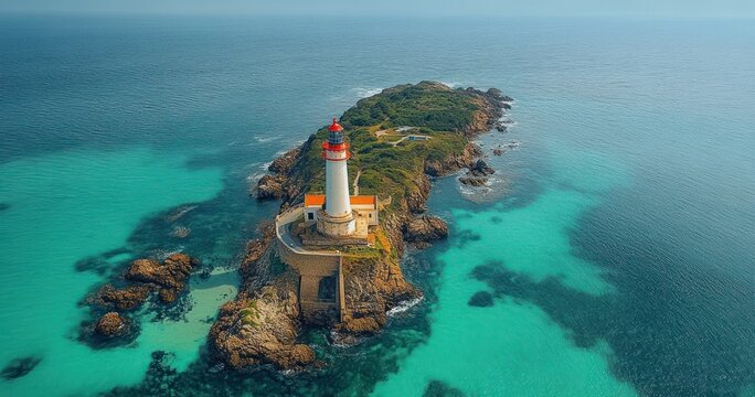 Aerial View of the Petit Minou Lighthouse in Brittany France on Rocky Coastline with Turquoise Water