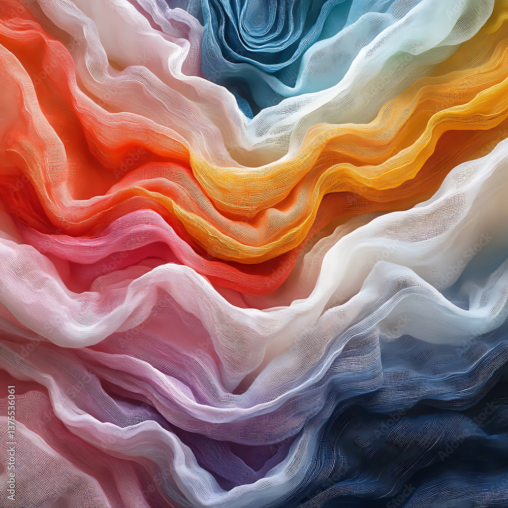 Poster vibrant close up of flowing fabric in various colors, showcasing delicate textures and layers of she