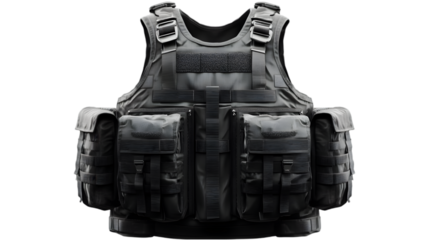 A detailed view of a black tactical vest with pouches against a black background studio shot