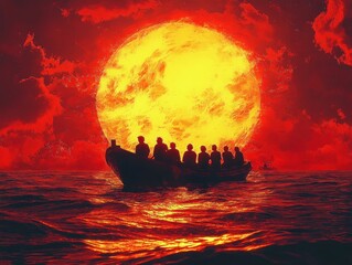 Desperate Migrants on Rescue Boat in Troubled Sea Struggling for Survival and Hope