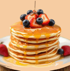 illustration of a stack of fluffy pancakes with maple syrup and fresh berries