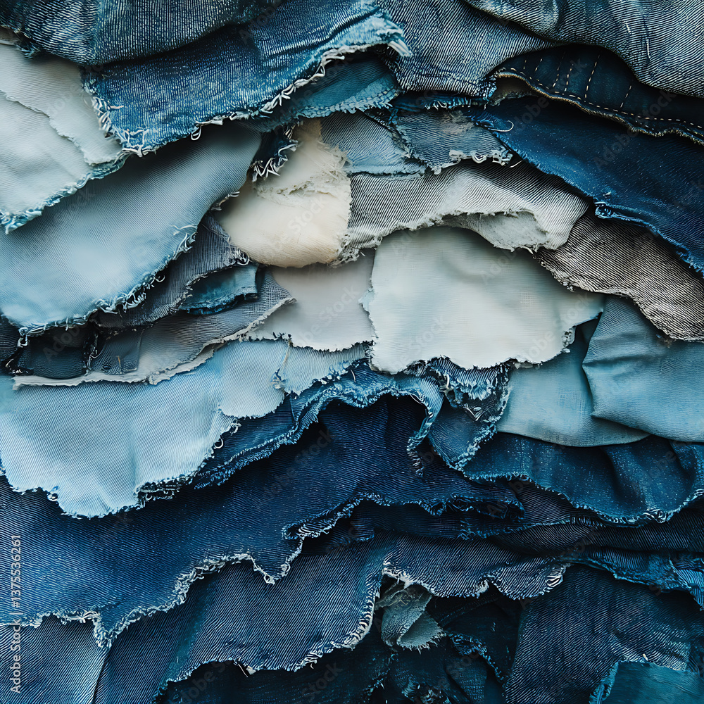 Poster close up of various layers of denim fabric in shades of blue, showcasing different textures and fray