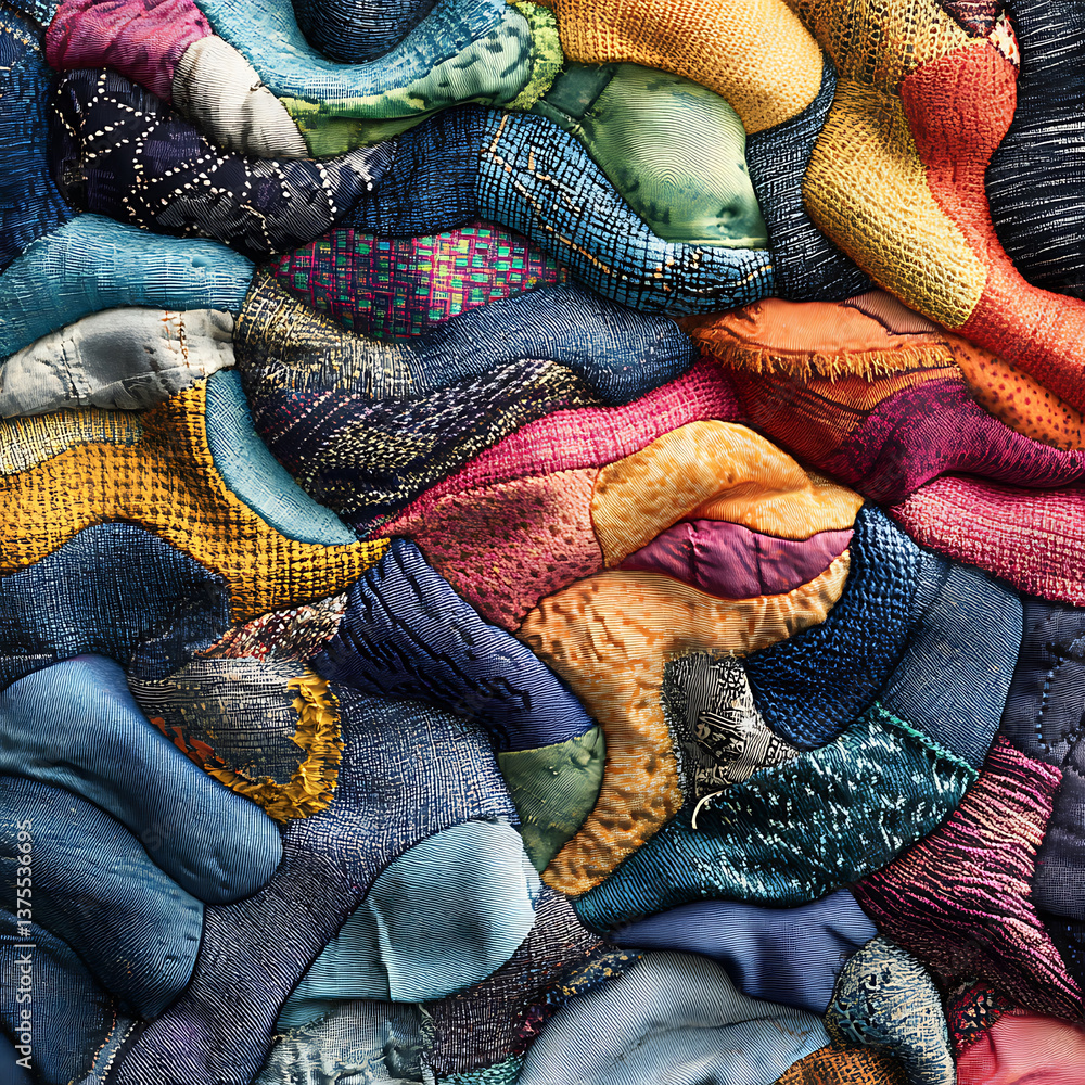 Poster vibrant close up of various textured fabrics showcasing mix of colors and patterns, creating visuall