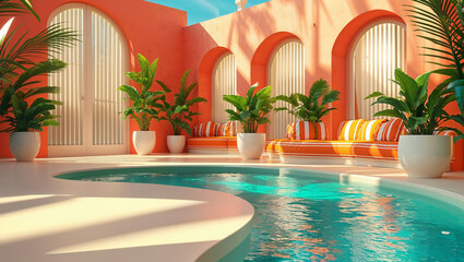 Exotic resort showing a curved swimming pool and orange furniture