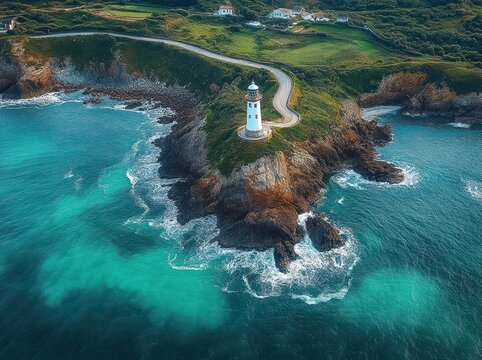Aerial view of the Petit Minou Lighthouse in Brittany France Coastal Landscape with Ocean Waves and Rugged Cliffs
