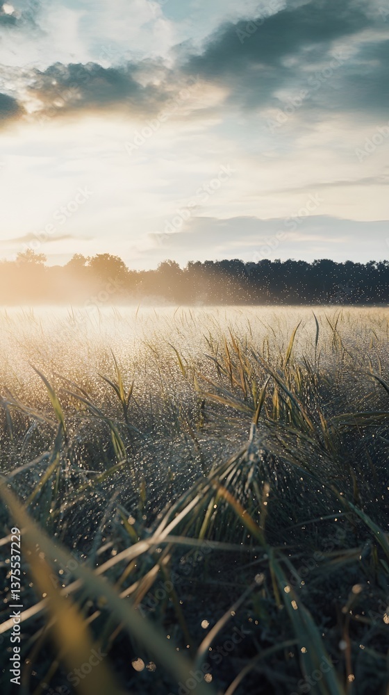 Poster a peaceful misty field at dawn with a captivating natural landscape of trees grass and a glowing hor