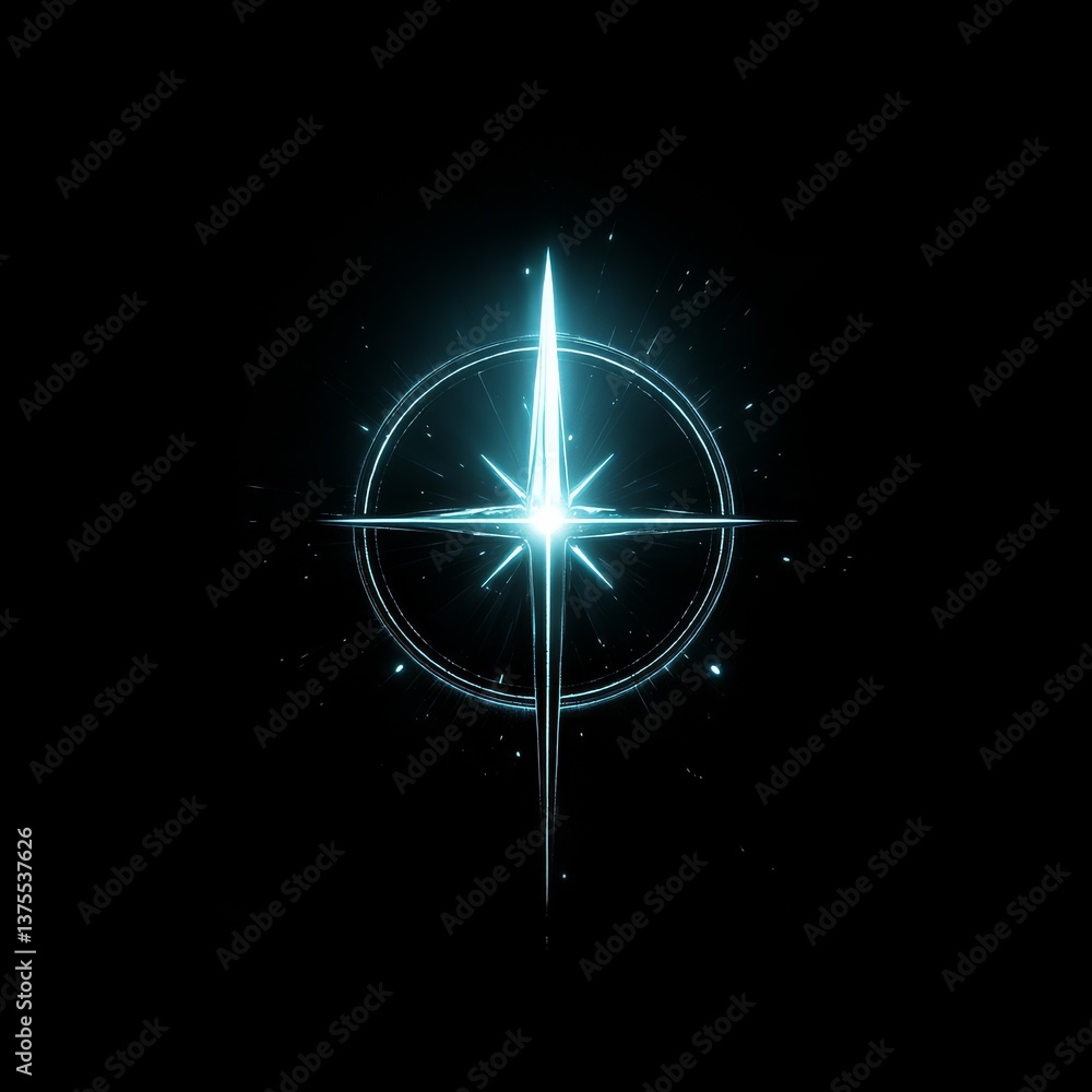 Poster Glowing Cyan Compass Rose on Black: Navigational Star Symbol with Circular Frame and Subtle Light Particles