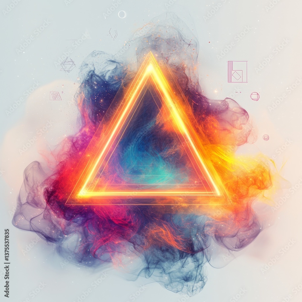 Fototapete luminous triangle: abstract geometry in a cosmic cloud, sparkling particles and light beam emanating