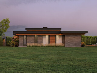 Modern house with flat roof and panoramic windows. Exterior. Evening illumination of the facade. House with swimming pool and large terrace. Modern architecture