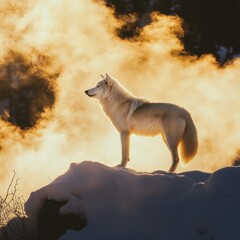 A white wolf standing on the top of a mountain in winter, with a sunset in the background and steam from its breath