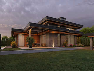 Modern house with flat roof and panoramic windows. Exterior. Evening illumination of the facade. House with swimming pool and large terrace. Modern architecture