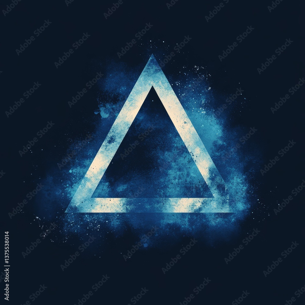 Poster mystic triangle: a geometric shape emerging from a cloud of nebula-like blue and white dust against 