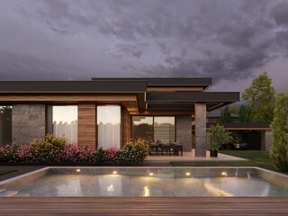 Modern house with flat roof and panoramic windows. Exterior. Evening illumination of the facade. House with swimming pool and large terrace. Modern architecture