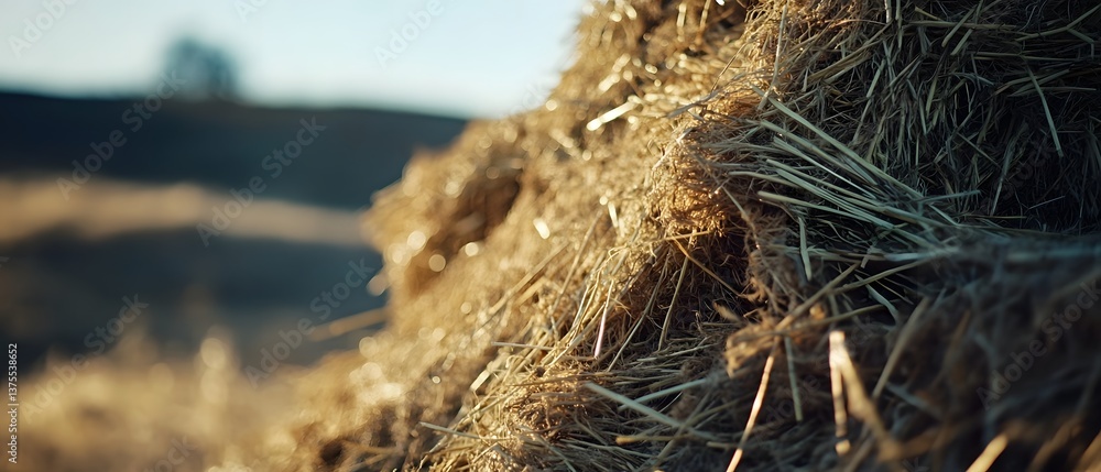Poster rows of straw bales rest in a tranquil country setting with a warm golden glow from the afternoon su
