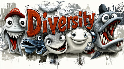A group of quirky, cartoon style fish with exaggerated expressions surround the bold word “Diversity,” humorously celebrating uniqueness in a lively, undersea themed design.