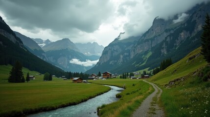 Fototapeta premium A high-quality professional photo of Val Roseg, Switzerland, Europe, taken mid-day in rainy conditions from an ordinary perspective, showcasing detailed landscapes and moody weather.