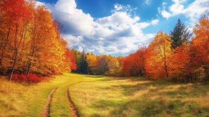 A scenic trail winds through a green meadow into a forest ablaze with autumn colors under a bright blue sky.


