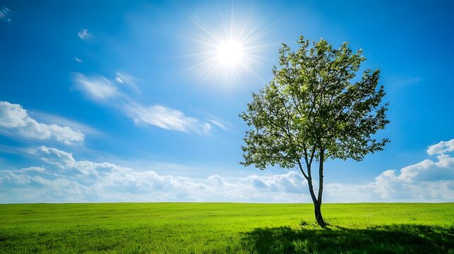 A picturesque countryside scene featuring a solitary tree standing tall in a vast verdant field against a backdrop of a clear azure sky with fluffy white clouds