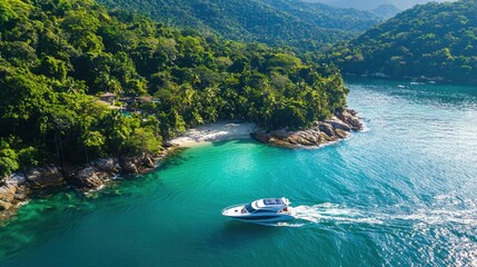 Obraz premium A picturesque aerial view of a luxury small speedboat cruising along the turquoise waters, with the lush Brazilian Atlantic forest providing a stunning backdrop of tropical beauty.
