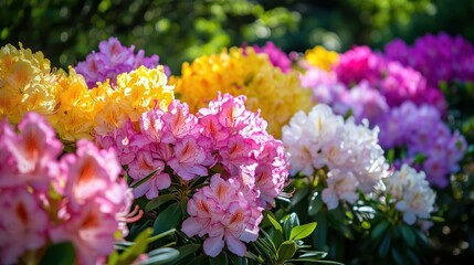 A vivid rhododendron bush bursts with colorful blossoms, adding life to the lush spring garden.

