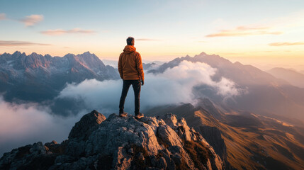 Adventurer Standing on Rocky Peak Overlooking Mountain Landscape