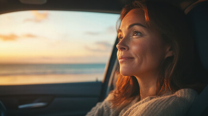 serene woman gazes thoughtfully out of car window, enjoying beautiful sunset by beach. warm colors of sky reflect her calm and reflective mood